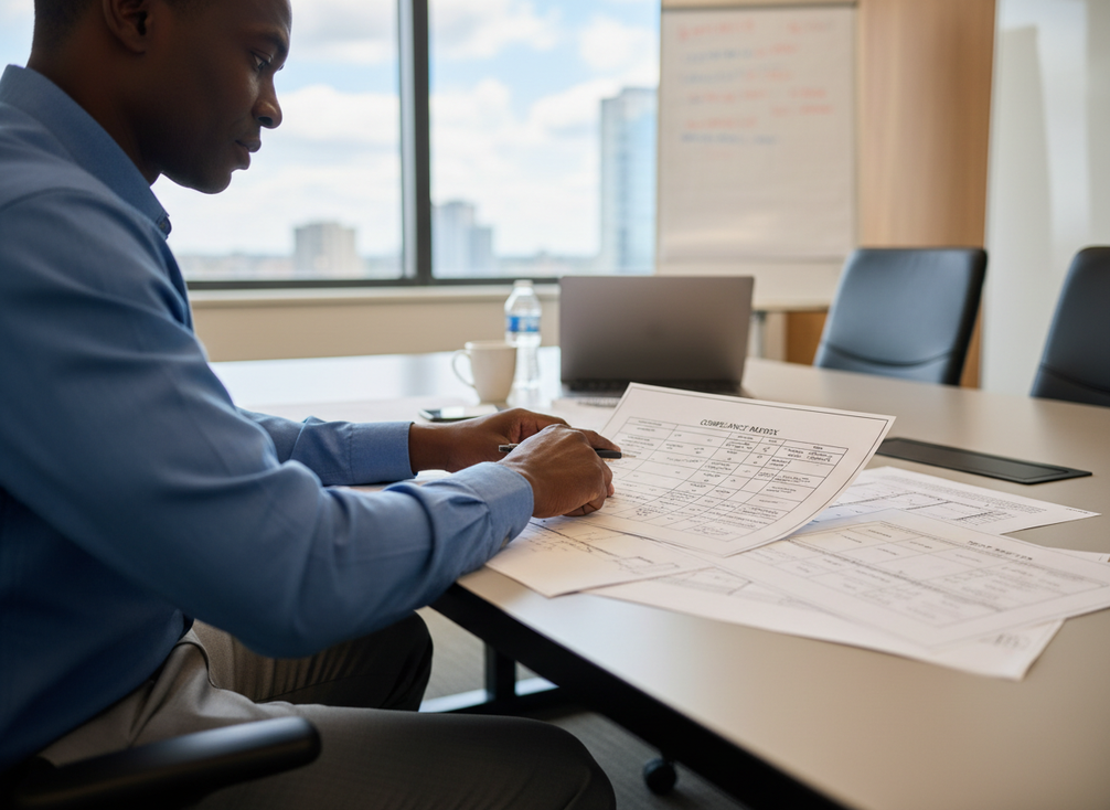 Technician reviewing a highway VMS compliance checklist beside drawings and test documents on a desk