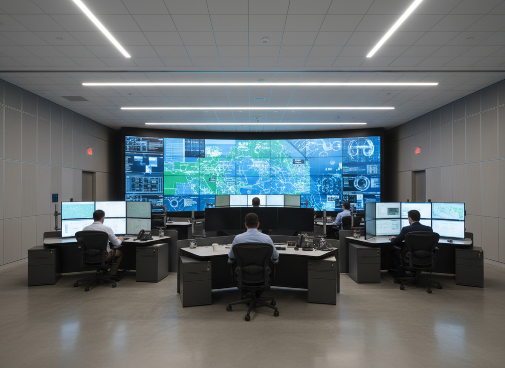 24/7 control room LED wall with operators reviewing a large display in a modern command center