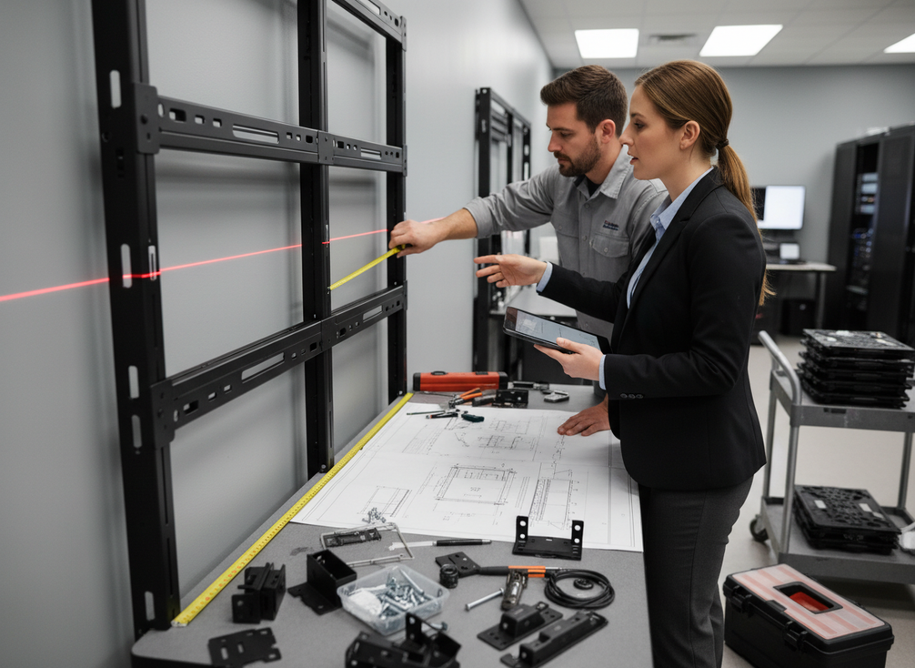 Technician measuring and planning an LED wall installation in a control room with tools and floor layout materials