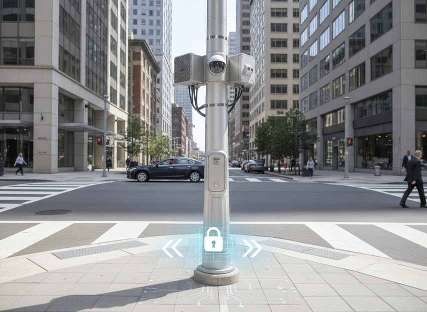 A municipal smart pole with integrated connected equipment shown in a city streetscape, emphasizing public infrastructure, cybersecurity review, and procurement oversight