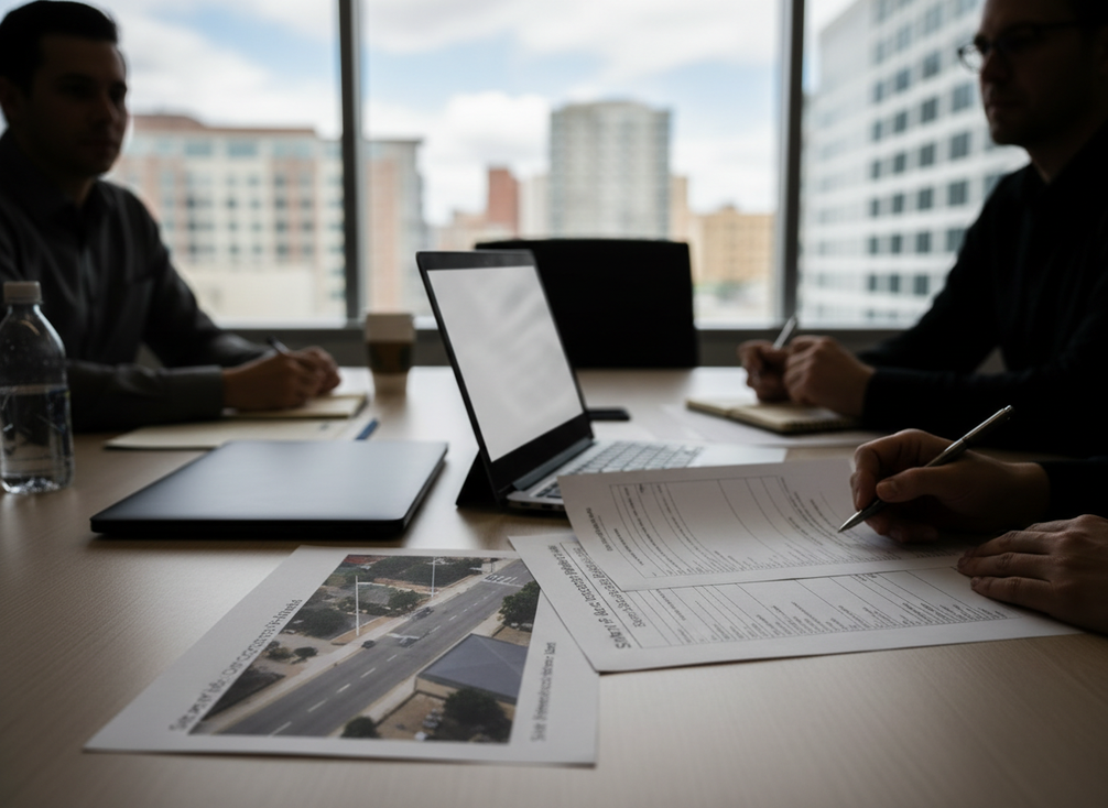 A city procurement team reviewing a smart pole cybersecurity risk matrix with a laptop, printed documents, and a site photo on a conference table