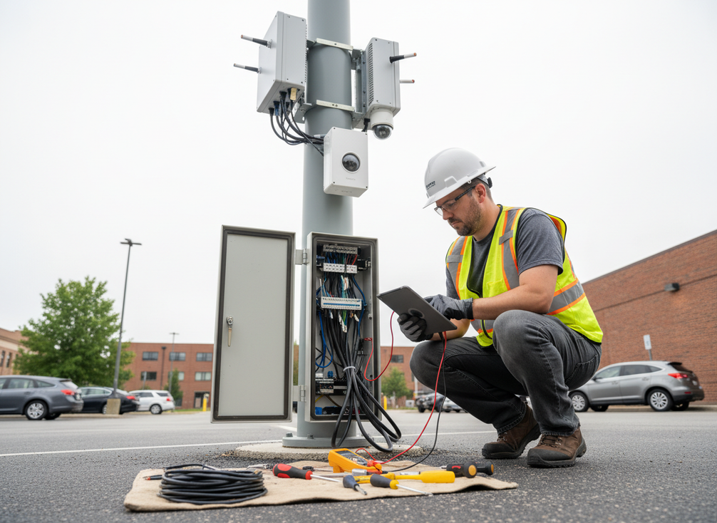 A technician inspecting a smart pole base and access panel outdoors while checking cables and mounted edge equipment before deployment