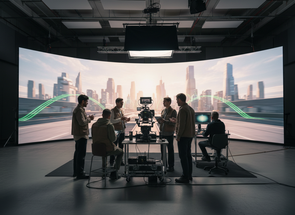 Large LED stage wall in a virtual production studio with camera crew and lighting rig, showing a broad mixed-volume workflow overview