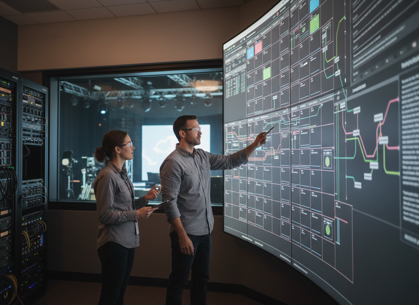 Technical director checking signal routing and zone ownership on a mixed LED wall setup in a studio control area