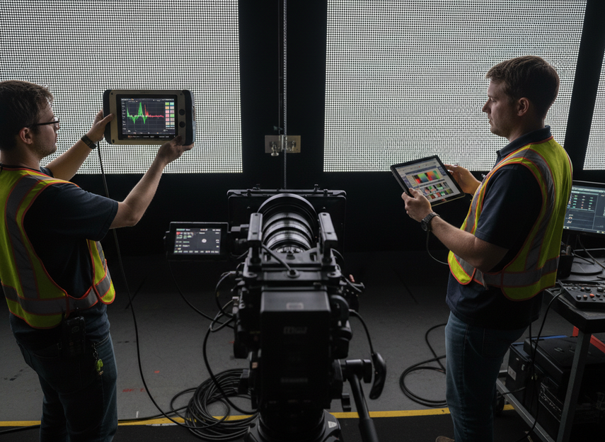 Camera-facing LED wall calibration check with a test camera, color meter, and crew verifying alignment across adjacent wall sections