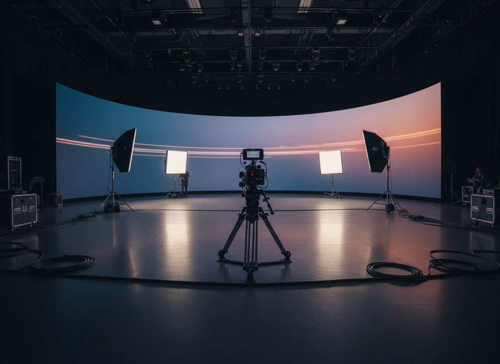 LED volume pre-shoot test setup with a camera on a tripod facing a large wall in a dark studio