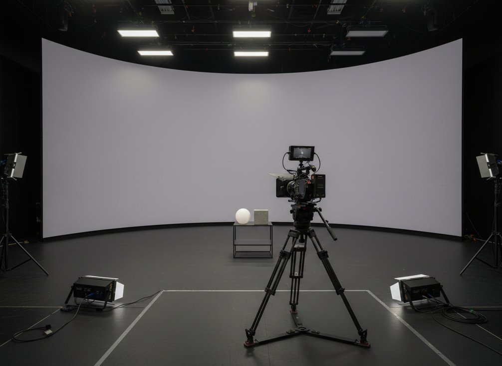 Camera-safe LED wall test with a cinema camera recording a neutral test image on a virtual production stage