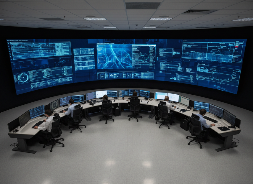 24/7 control room LED video wall in a mission-critical operations center with operators at consoles, wide view of a large display wall