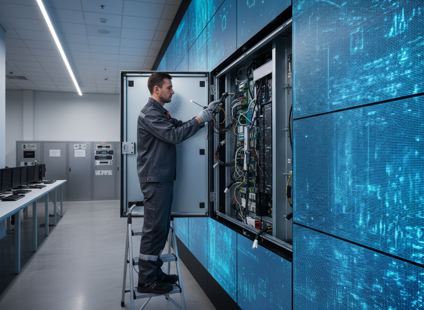 Technician inspecting a fine-pitch LED wall panel in a control room, close view of front surface and cabinet seam during maintenance