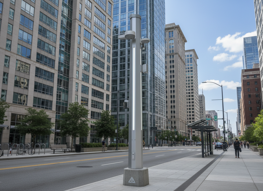 A municipal smart pole installation with sensors and lighting in a city street setting, shown as a public infrastructure asset with secure data governance context