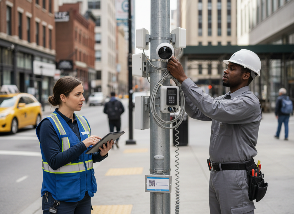 A smart pole technician and city staff reviewing a tablet near a street pole with mounted sensors, illustrating data access, oversight, and deployment setup