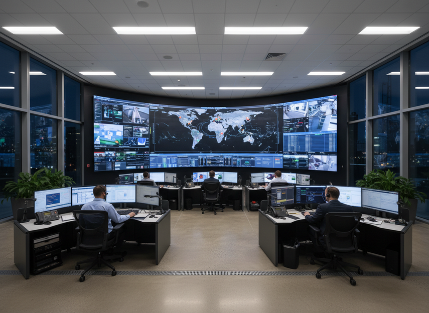 24/7 command center with a large LED wall and operators at work, showing mission-critical display uptime planning