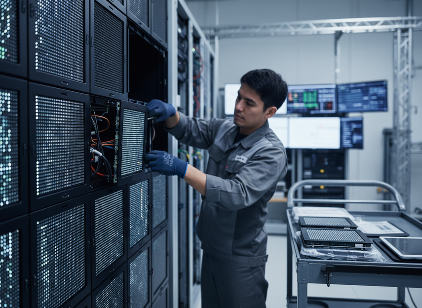 Technician inspecting a mission-critical LED wall service panel in a control room, focused on maintenance access and recovery speed