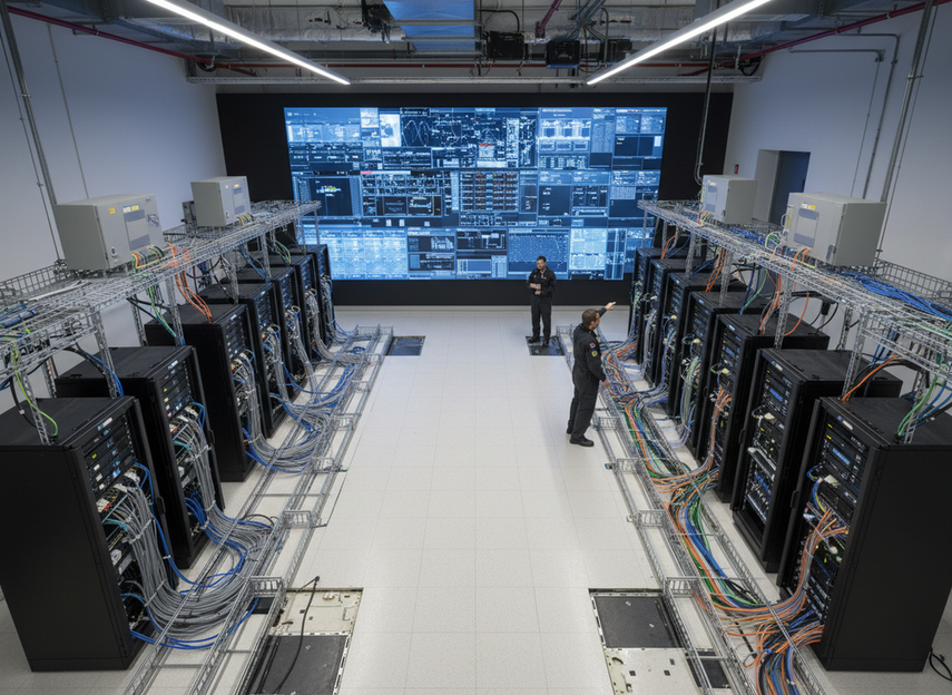 Control room layout showing separate power and signal paths for a redundant LED wall system in a 24/7 operations environment