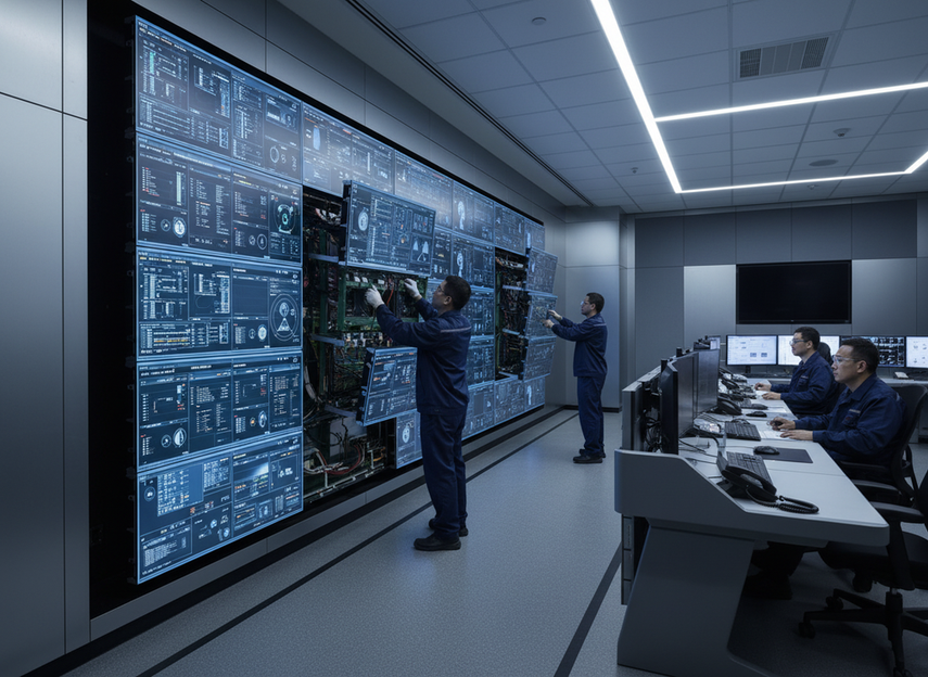COB LED command center wall in a modern control room, front-service maintenance access with technicians checking a flush-mounted video wall