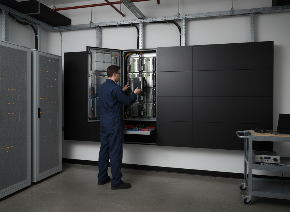 Technician opening a front-service COB LED wall cabinet in a compact control room with limited rear clearance