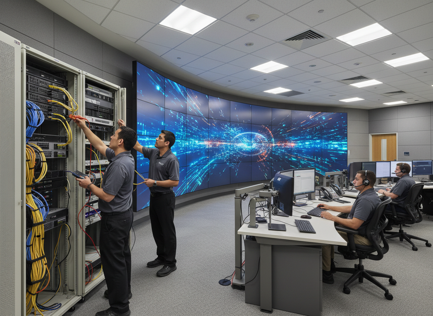 Control room LED wall with redundant power and signal paths being checked during live operations