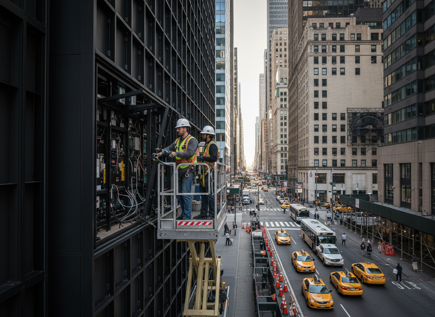 Front-service outdoor LED display on a high-rise building facade with a maintenance crew working from the front side