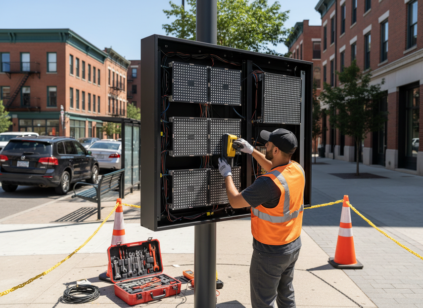 Maintenance technician removing a module from the front of an outdoor LED cabinet at a street-level installation