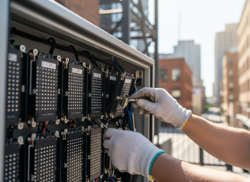 Close view of front-access cabinet hardware and module alignment on an outdoor LED display during maintenance