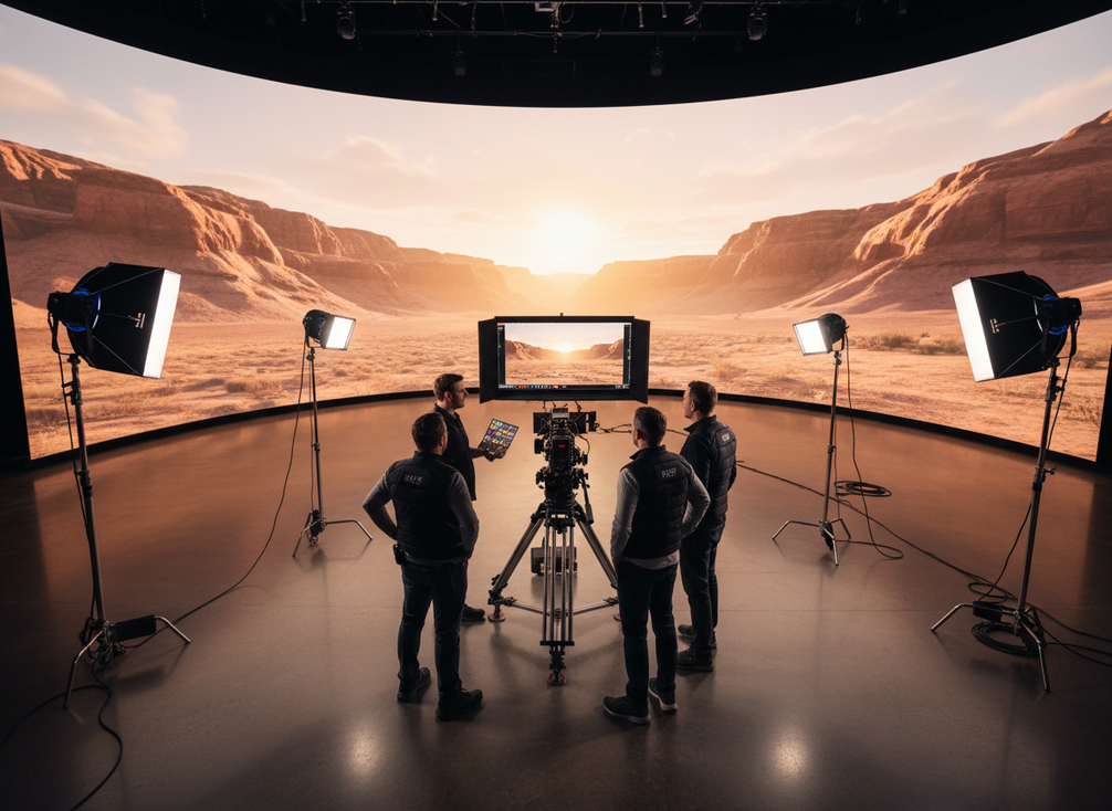 LED volume film set with a camera aimed at a large glowing wall during a virtual production setup check
