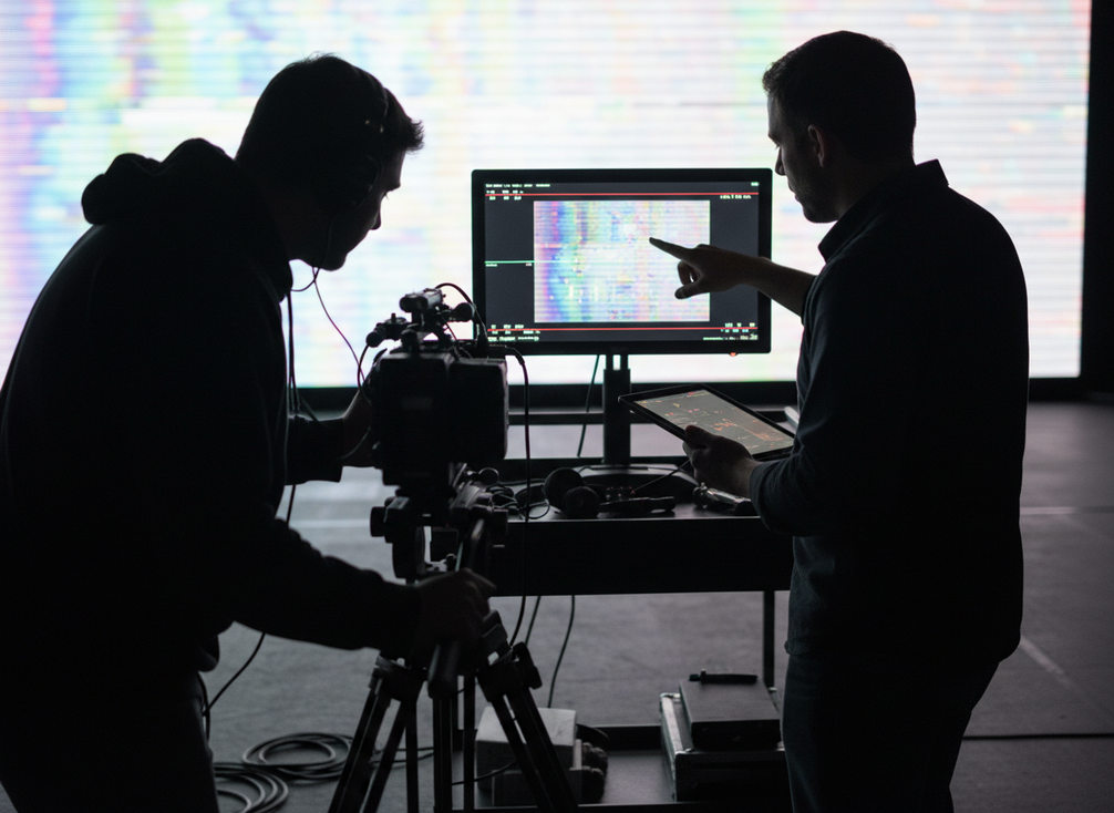 Camera operator checking a test shot of a virtual production LED wall for flicker and banding on a studio stage