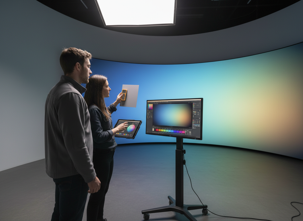 Colorist and camera technician comparing a calibrated LED wall image with a reference monitor in a virtual production studio