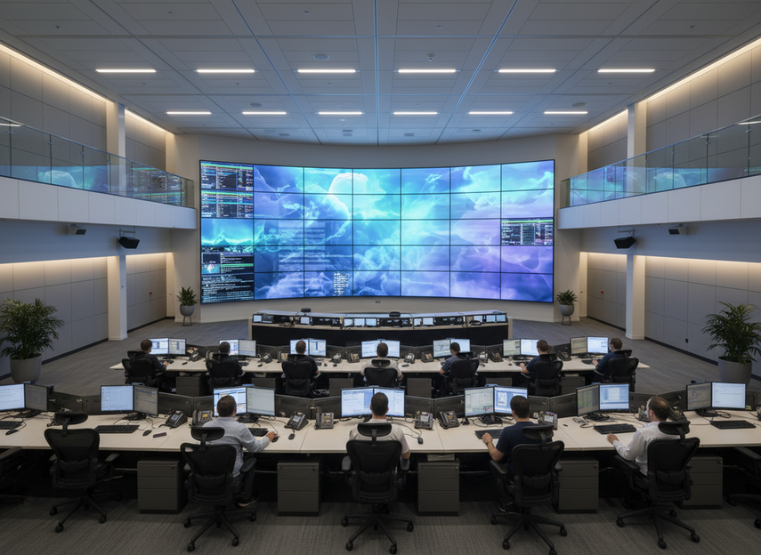 24/7 command center with a large LED wall viewed from multiple operator seats in a modern control room