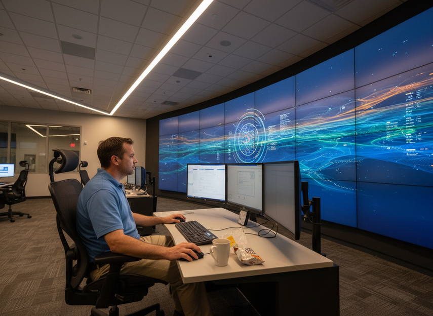 Control room operator seated at a console looking up toward a wall display at an off-axis angle