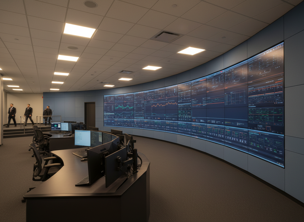 Command center wall display viewed under overhead lights with reflections controlled by room layout
