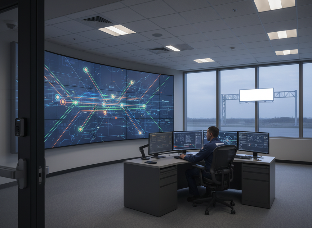 Networked traffic message sign being configured by a municipal technician in a control room