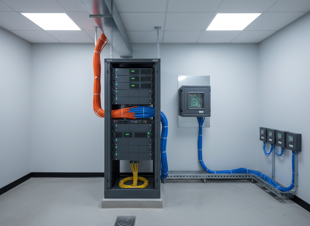 Municipal network rack and smart city device links shown in separate network paths