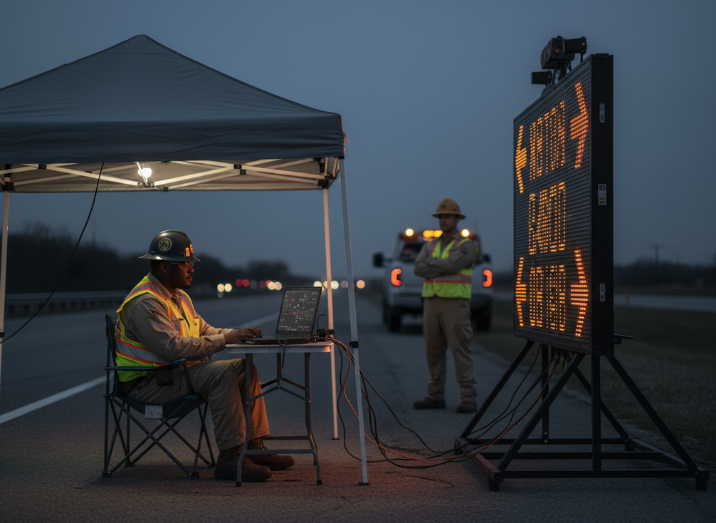 Technician reviewing secure remote access on a laptop beside a roadside message sign at dusk