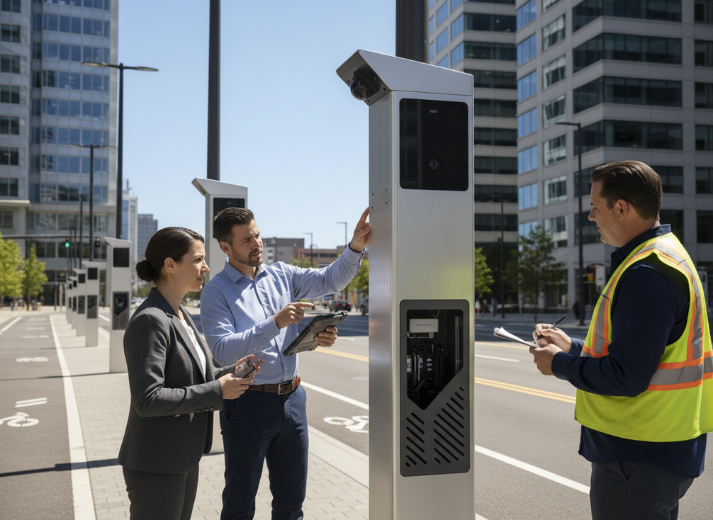 City IT staff reviewing a smart pole cybersecurity checklist with a connected street pole in the background