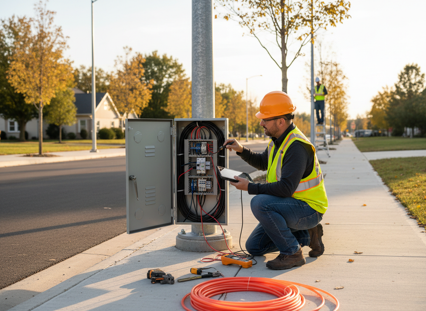 Technician inspecting a smart city pole cabinet and network connections during a site readiness check