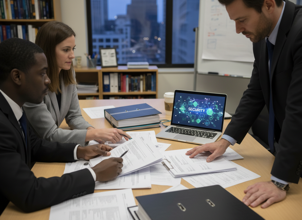 Close view of a municipal team comparing security controls, data governance, and approval documents for a smart pole project
