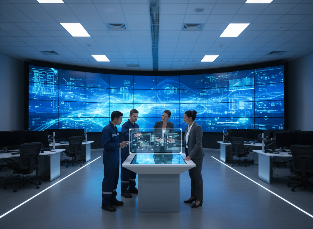 Mission-critical LED video wall in a control room with technicians reviewing support and maintenance access