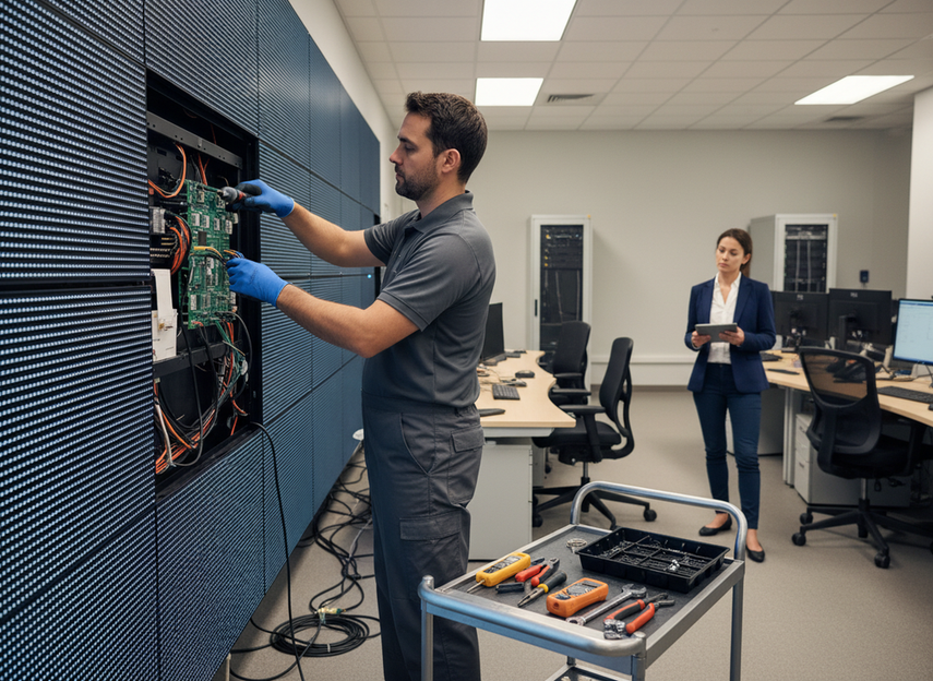 Technician inspecting an LED wall cabinet with tools during an onsite service visit in a control room