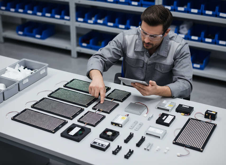 Spare LED display modules and service parts organized on a workbench for rapid replacement planning