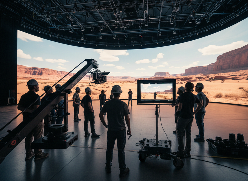 XR LED volume viewed on set with a camera operator checking the wall during a live production test