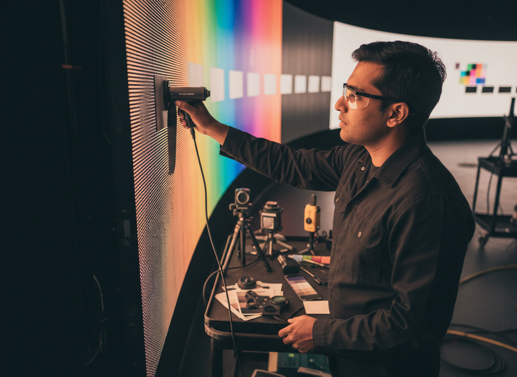Color calibration workstation beside an XR LED wall with a technician checking uniformity and profile consistency