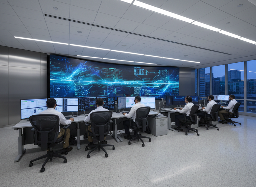 Wide view of a mission-critical control room with a large LED video wall, operators at workstations, and clean professional lighting