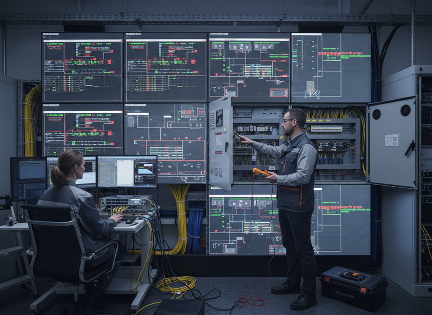 Control room technician examining a large LED wall while checking backup power and signal paths during a maintenance walk-through