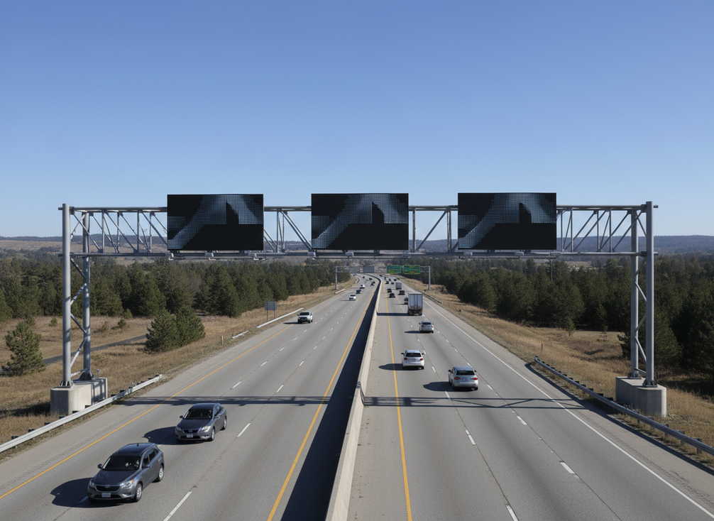 Overhead highway variable message sign on a roadside gantry in daylight