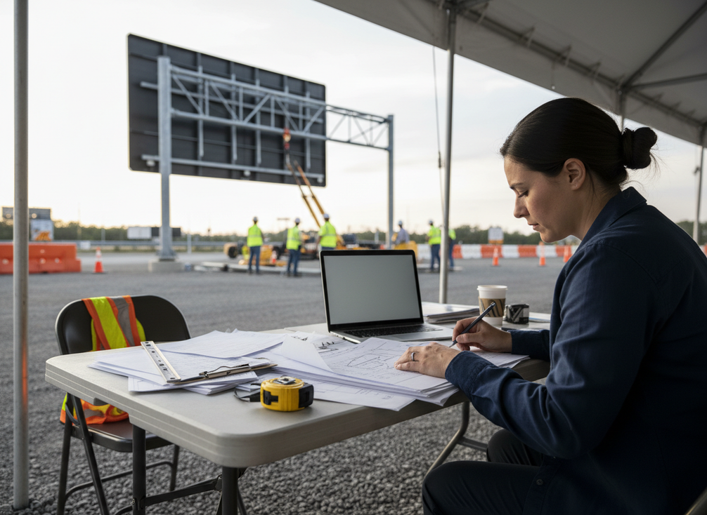 A transportation engineer reviewing VMS procurement documents beside a highway sign installation site