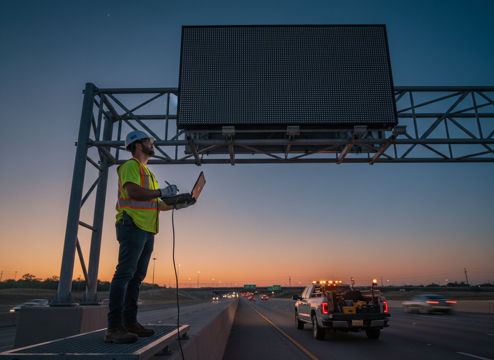 Technician checking a mounted highway message sign during field verification at an active roadway site