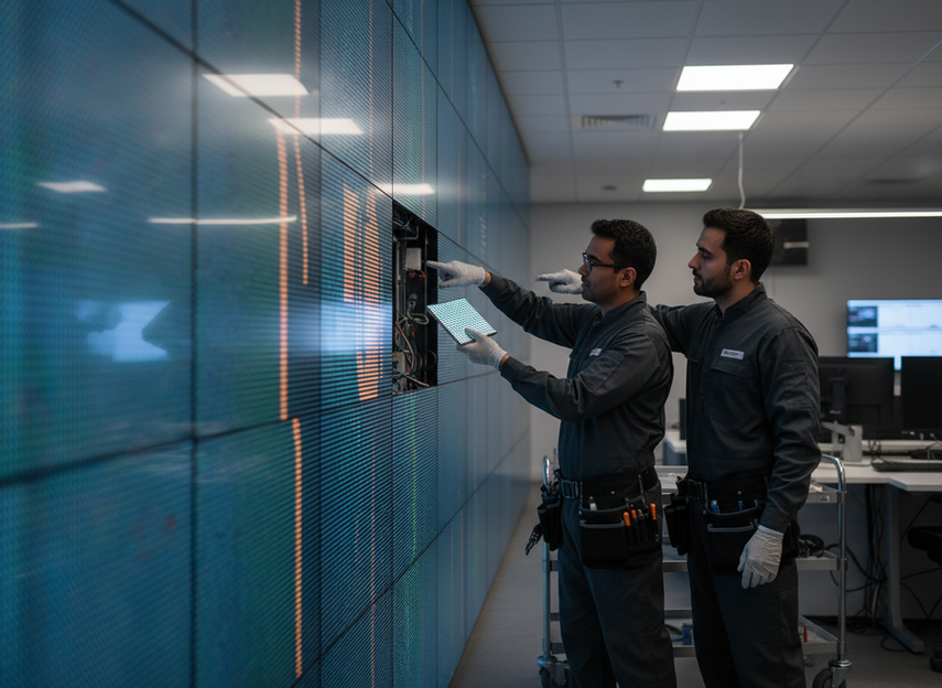 24/7 control room LED wall with a technician preparing a controlled module swap during live operations