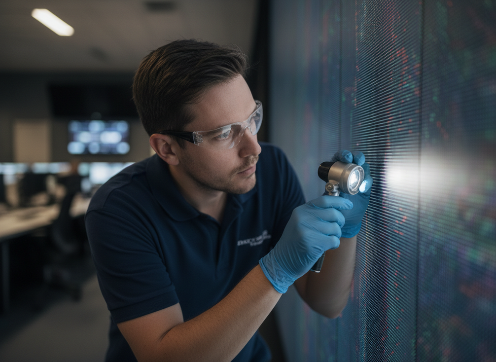 Close view of a COB video wall section with a technician checking the affected tile and surrounding modules before replacement
