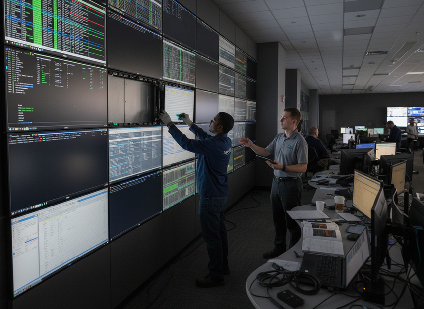Technician installing a replacement module on a mission-critical LED wall while another worker verifies alignment and image uniformity