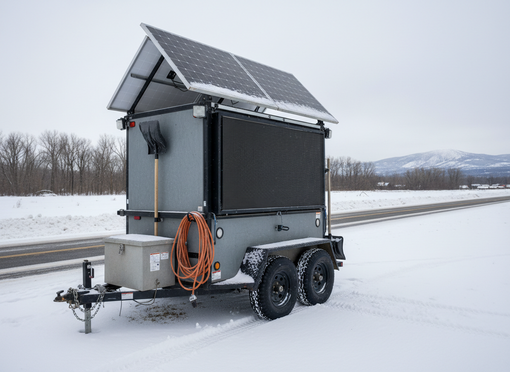 Solar message trailer on a snowy roadside with winter sky, showing a portable traffic sign setup in cold weather